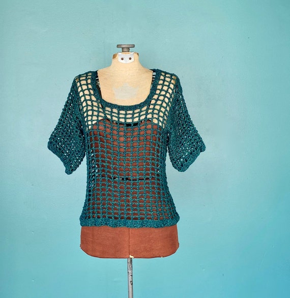 Vintage Crochet Green Mesh Shirt Womens Crochet To