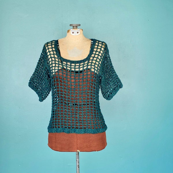 Vintage Crochet Green Mesh Shirt Womens Crochet Top Crochet Shirt Crochet Mesh Shirt Mesh Blouse Crochet Blouse TaraLynEvansStudio