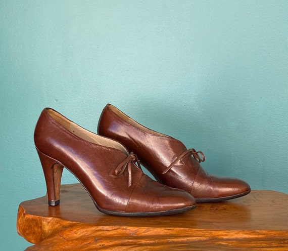 French Vintage Shoes High Heels Brown Leather Oxf… - image 4