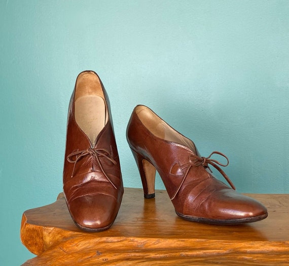 French Vintage Shoes High Heels Brown Leather Oxf… - image 1