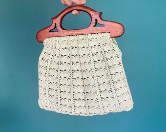 Vintage Crochet Wood Top Handle Bag TaraLynEvansStudio