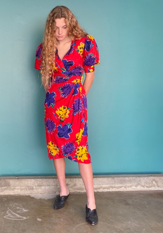 Vintage 80s Red Floral Wrap Dress TaraLynEvansStu… - image 2