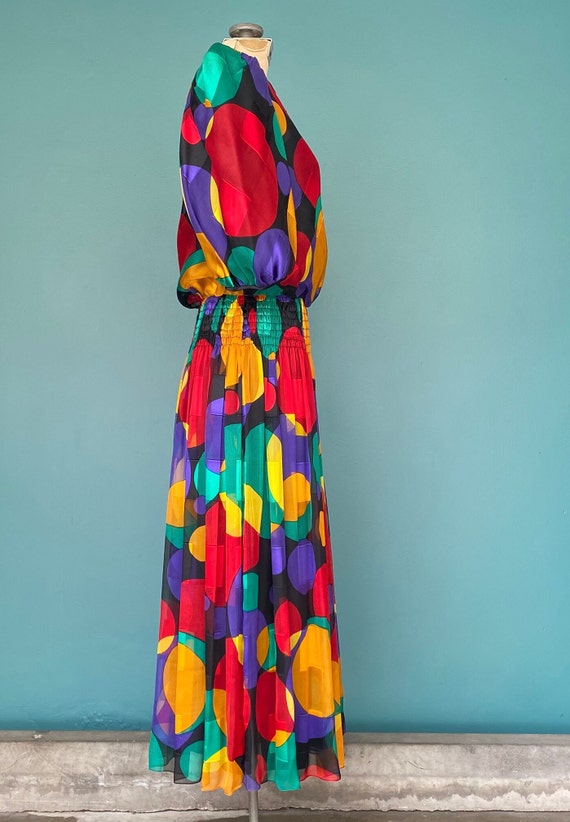 Rainbow Polka Dot Colorful 80s Midi Dress Silk Dr… - image 5