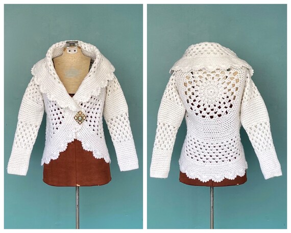 White Crochet Vintage Knit Cardigan Jacket Womens