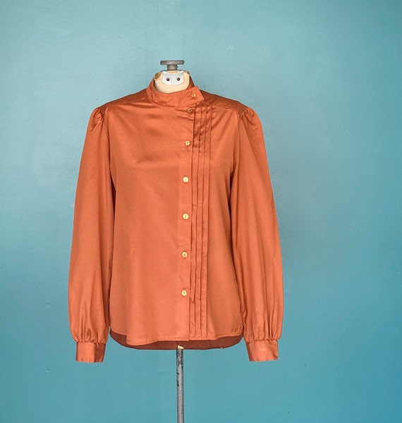 Burnt Orange 1980s Vintage Womens Blouse High Neck