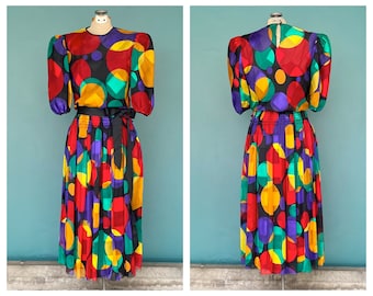 Rainbow Polka Dot Colorful 80s Midi Dress Silk Dress Puff Sleeve Dress 80s Vintage Dress Silk Midi Dress TaraLynEvansStudio