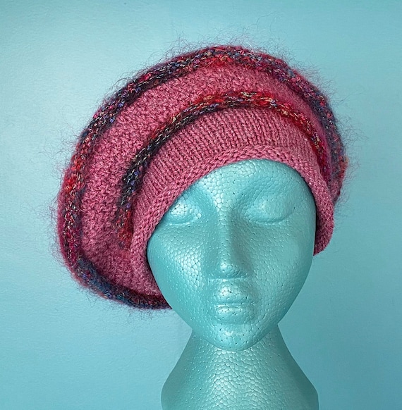 Beret Pink Beret Slouchy Beret Hat Knit Beret Vin… - image 1