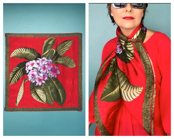 Red Scarf Floral Scarf Silk Scarf Square Scarf Ta… - image 1