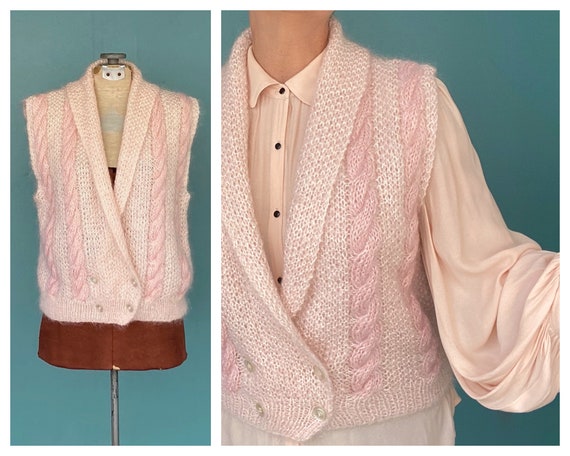 Mohair Pink Cable Knit Vintage Wool Vest 80s Knitt