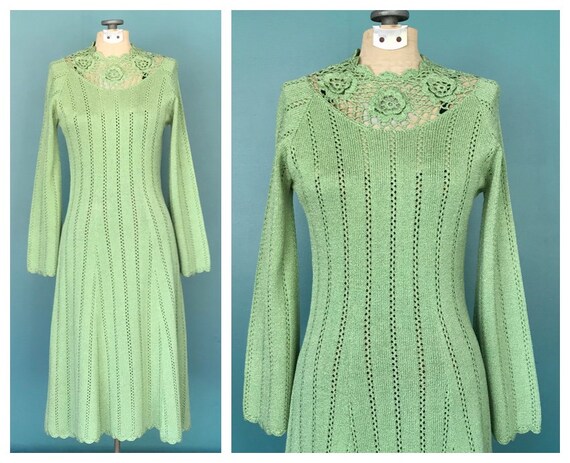Crochet 70s Dress Sage Crochet Maxi Dress, TaraLyn