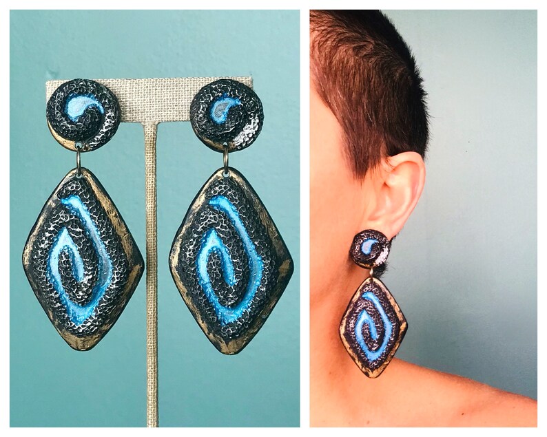 Oversized Blue 80s Vintage Earrings Dangly Earrings Long Etsy