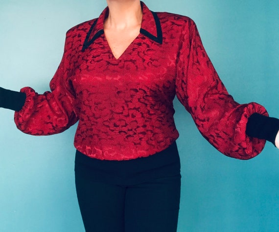 80s Red Silk Long Sleeve Vintage Blouse Silk 1980s