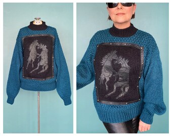 Blue Sweater Horse Sweater 80s Sweater Novelty Sweater 80s Vintage Sweater TaraLynEvansStudio