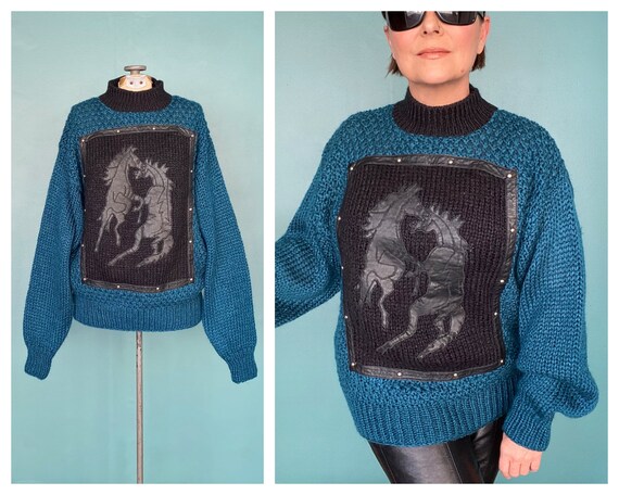 Blue Sweater Horse Sweater 80s Sweater Novelty Sw… - image 1