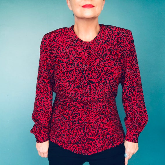 Silk Abstract 80s Red Vintage Blouse Silk Button U