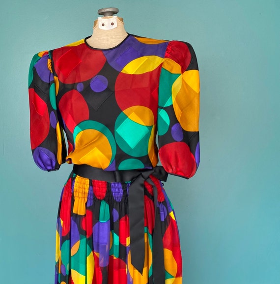 Rainbow Polka Dot Colorful 80s Midi Dress Silk Dr… - image 3