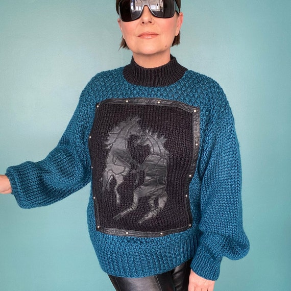 Blue Sweater Horse Sweater 80s Sweater Novelty Sw… - image 3