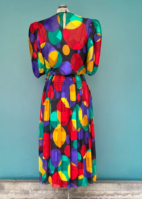 Rainbow Polka Dot Colorful 80s Midi Dress Silk Dr… - image 6
