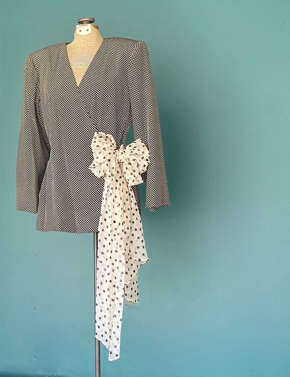 Vintage 80s Polka Dot Wrap Silk Blazer TaraLynEva… - image 3