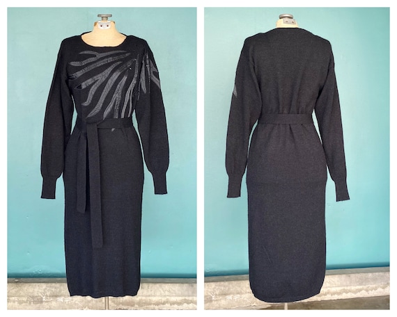 80s Black Vintage Womens Sweater Dress 80s Long Wi