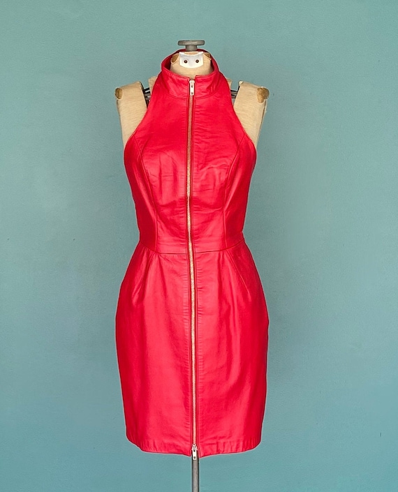 Michael Hoban Red Leather Dress Halter Dress Tara… - image 2