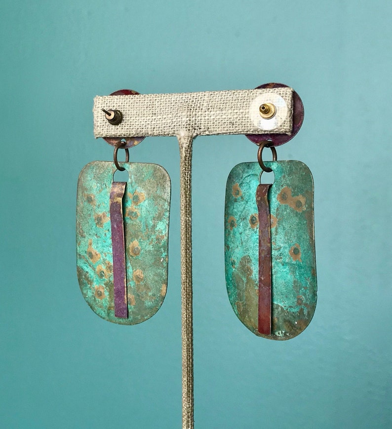 TaraLynEvansStudio Brass Patina Earrings 80s Oversized Earrings Large Modern Metal Earrings Big Long Bohemian Unique Earrings