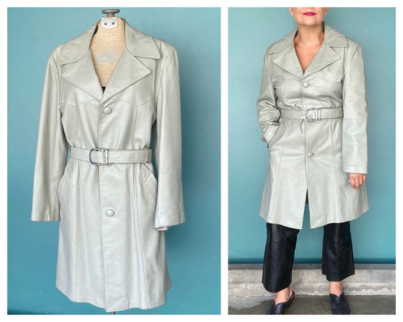 70s Vintage Leather Trench Coat Jacket Long Grey L