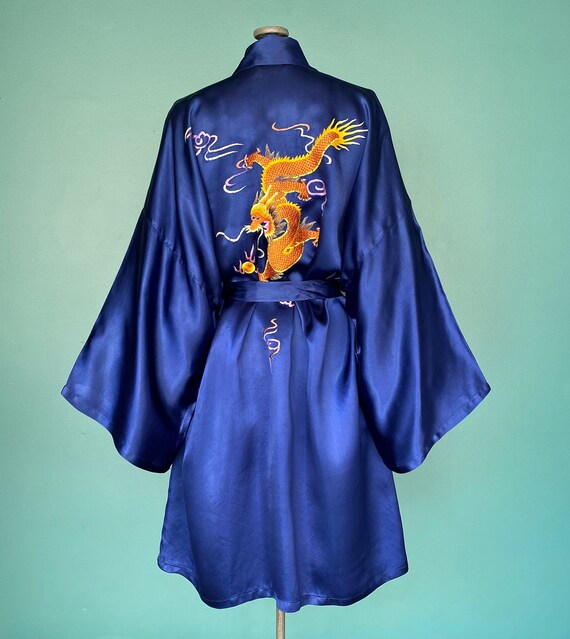 Blue Robe Satin Robe Kimono Robe Embroidered Robe… - image 5