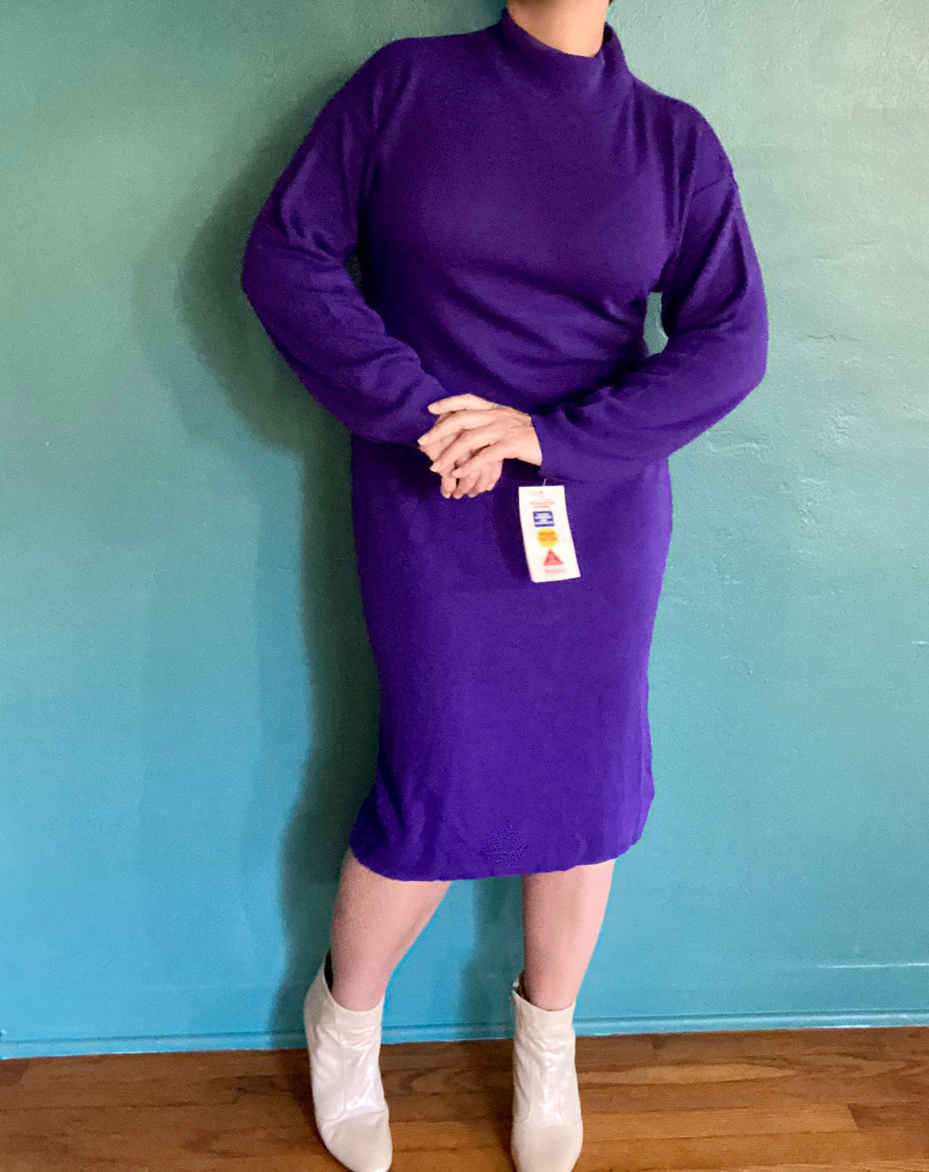 80s Purple Knit Vintage Sweater Dress Minimalist Dress Jumper Dress Sweater Dress Women Long Sleeve Dress 80s Clothes TaraLynEvansStudio