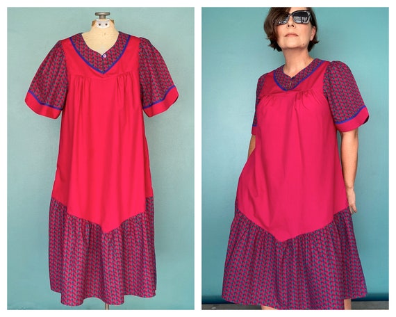 House Dress Red Dress Vintage Maxi Dress Cotton S… - image 1