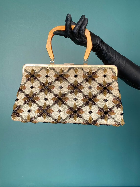 50s Beaded Purse Tapestry Beaded Box Purse, TaraLy