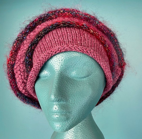 Beret Pink Beret Slouchy Beret Hat Knit Beret Vin… - image 2