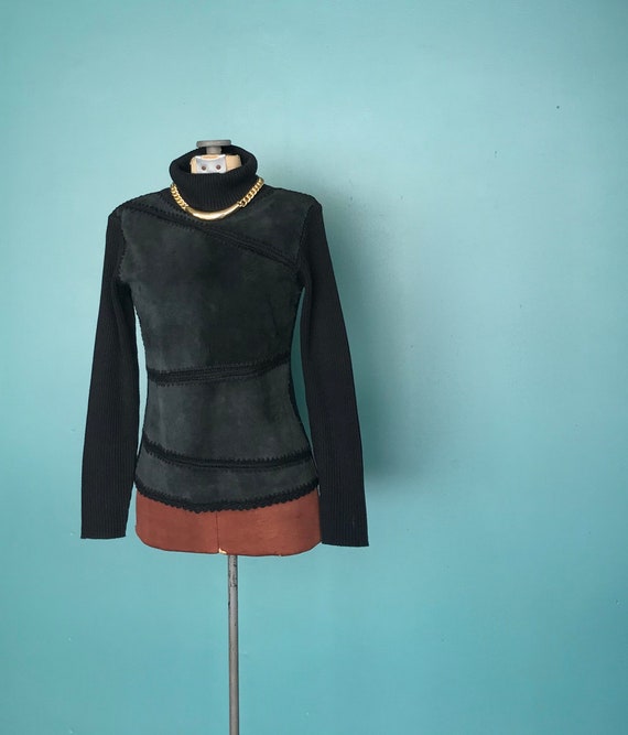 Leather Patchwork Sweater 90s Turtleneck Sweater,