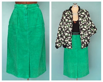Green Corduroy 80s Vintage Long Skirt Green Midi Skirt High Waisted Skirt Straight Skirt Long Green Skirt TaraLynEvansStudio