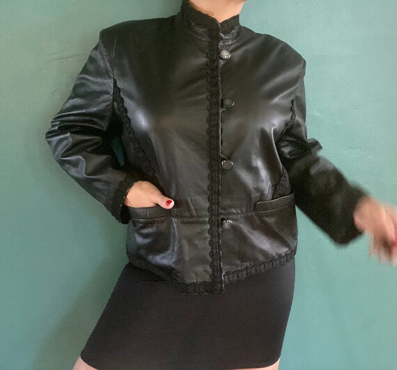 80s Women Black Leather Vintage Jacket Womens Bla… - image 2