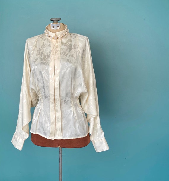 Satin Poet Sleeve Blouse 80s Secretary Blouse, Tar