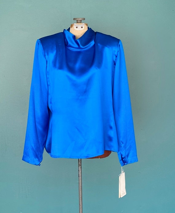 Cowl Neck Blue Blouse Silk Blouse Vintage Silk Bl… - image 5