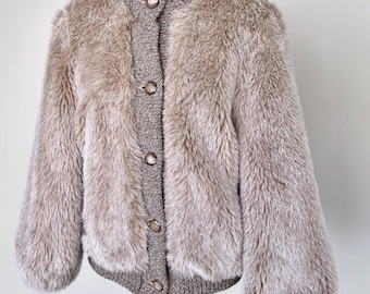 Vintage Bomber Jacket Faux Fur Teddy Cozy | Brown Beige | Womens | Winter Streetwear Casual | TaraLynEvansStudio