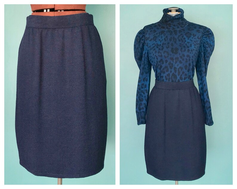 St John 90s Blue Knit Straight Skirt TaraLynEvansStudio image 1