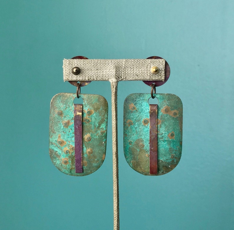 TaraLynEvansStudio Brass Patina Earrings 80s Oversized Earrings Large Modern Metal Earrings Big Long Bohemian Unique Earrings