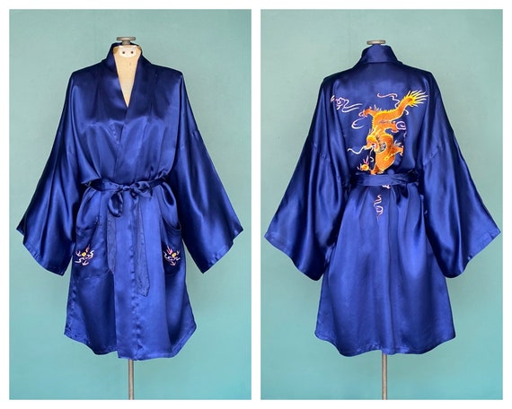 Blue Robe Satin Robe Kimono Robe Embroidered Robe… - image 1