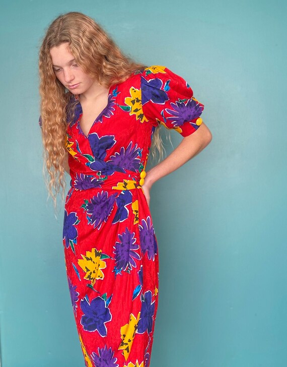 Vintage 80s Red Floral Wrap Dress TaraLynEvansStu… - image 3