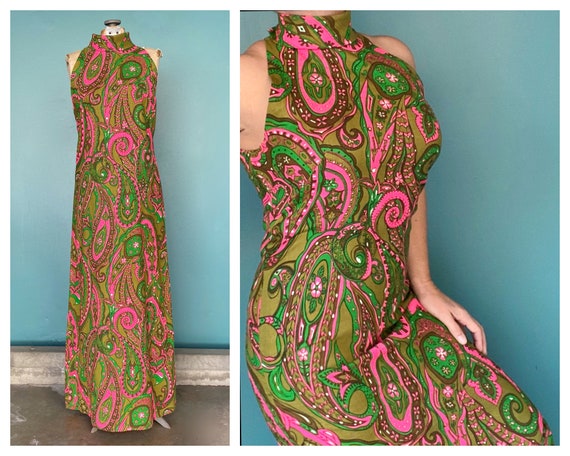 60s Psychedelic Paisley Long Maxi Dress 1960s Vint