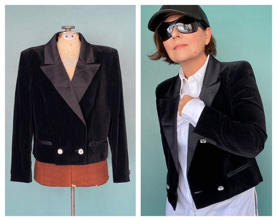 80s Black Velvet Cropped Vintage Blazer Short Bla… - image 1