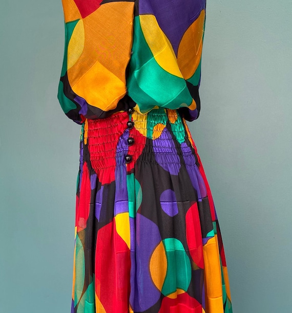 Rainbow Polka Dot Colorful 80s Midi Dress Silk Dr… - image 4