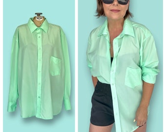 Vintage 90s Sheer Green Button Up Shirt Oxford Shirt Collar Shirt Button Up Vintage Shirt Boyfriend Shirt TaraLynEvansStudio