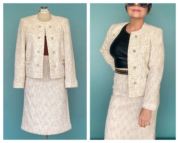 Vintage 80s Louis Feraud Tweed Skirt Set Skirt Suit Two Piece 