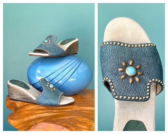Calleen Cordero Blue Leather Wedge Sandals Boho S… - image 1