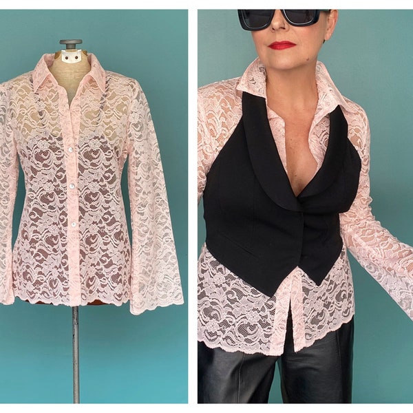 RESERVE FOR JILL - Lace Blouse Sheer Blouse Pink Blouse Floral Lace Blouse 90s Sheer Blouse Lace Long Sleeve Top Lace Shirt Lace Top