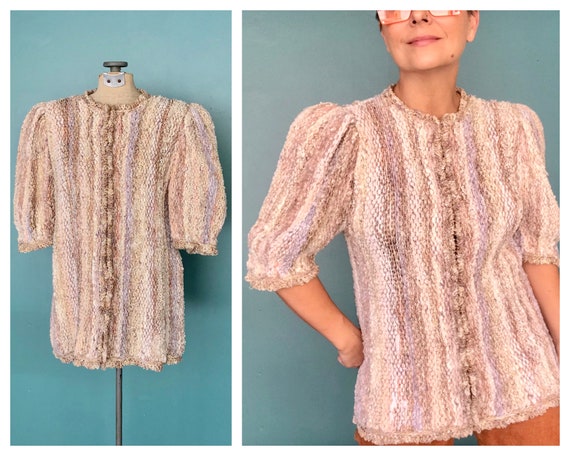 80s Crochet Cardigan Boho Crochet Top, Estelle Gra